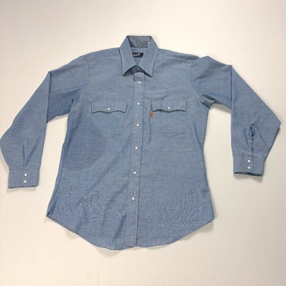 Vintage Levi's Mens Chambray Pearl Snap Shirt Blue Sz L Orange Tab Western Read! - Picture 1 of 7